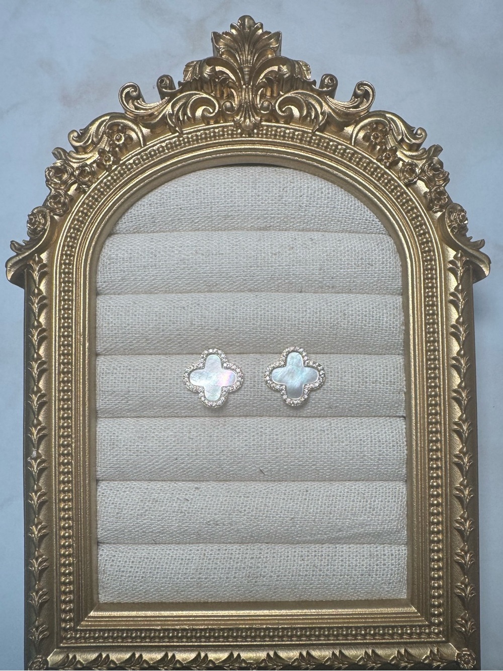 18KT Gold Plated Mother of Pearl CZ Clover studs